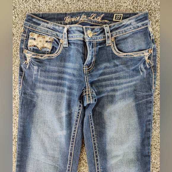 Grace In LA Jeans Sequin Slightly Distressed Boot Cut Blue Jeans Women's 27. - Picture 6 of 8